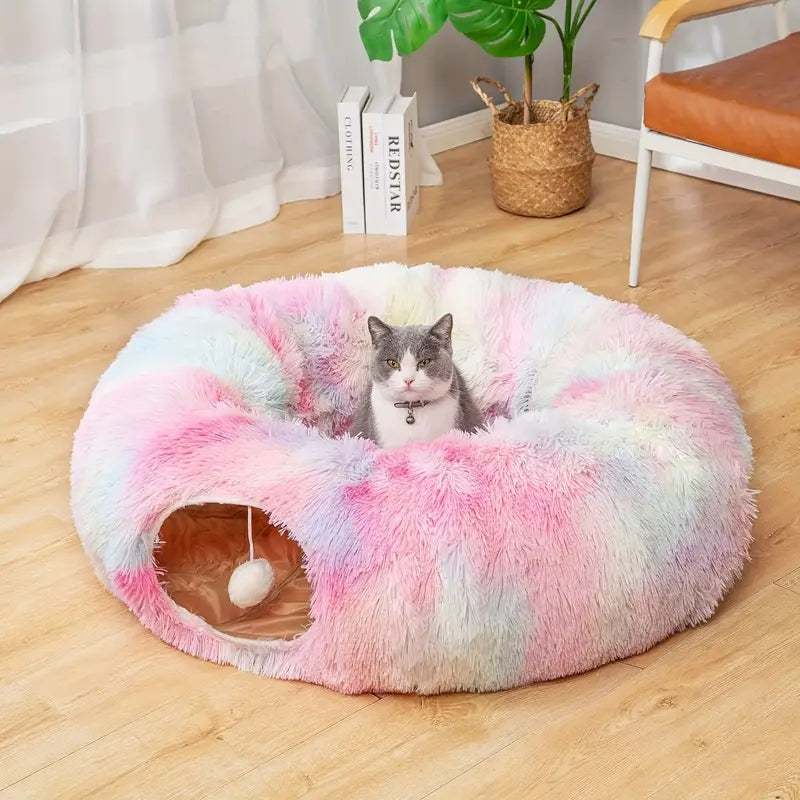 Cozy Plush Cat Tunnel Nest with Hanging Ball Toy - Perfect Kitten Hideaway-4
