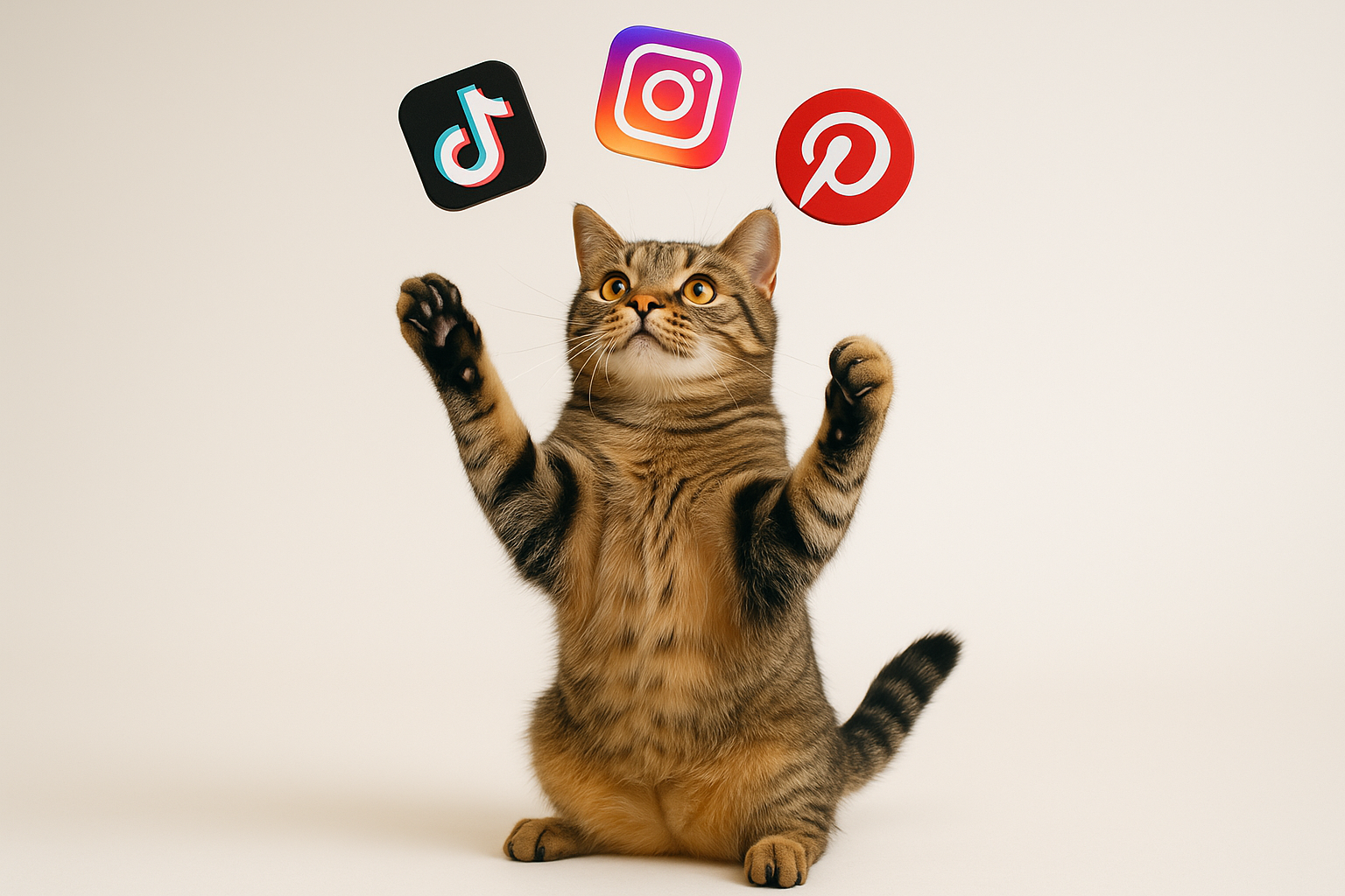 gato haciendo malabalismo con los logos de tiktok, instagram y pinterest