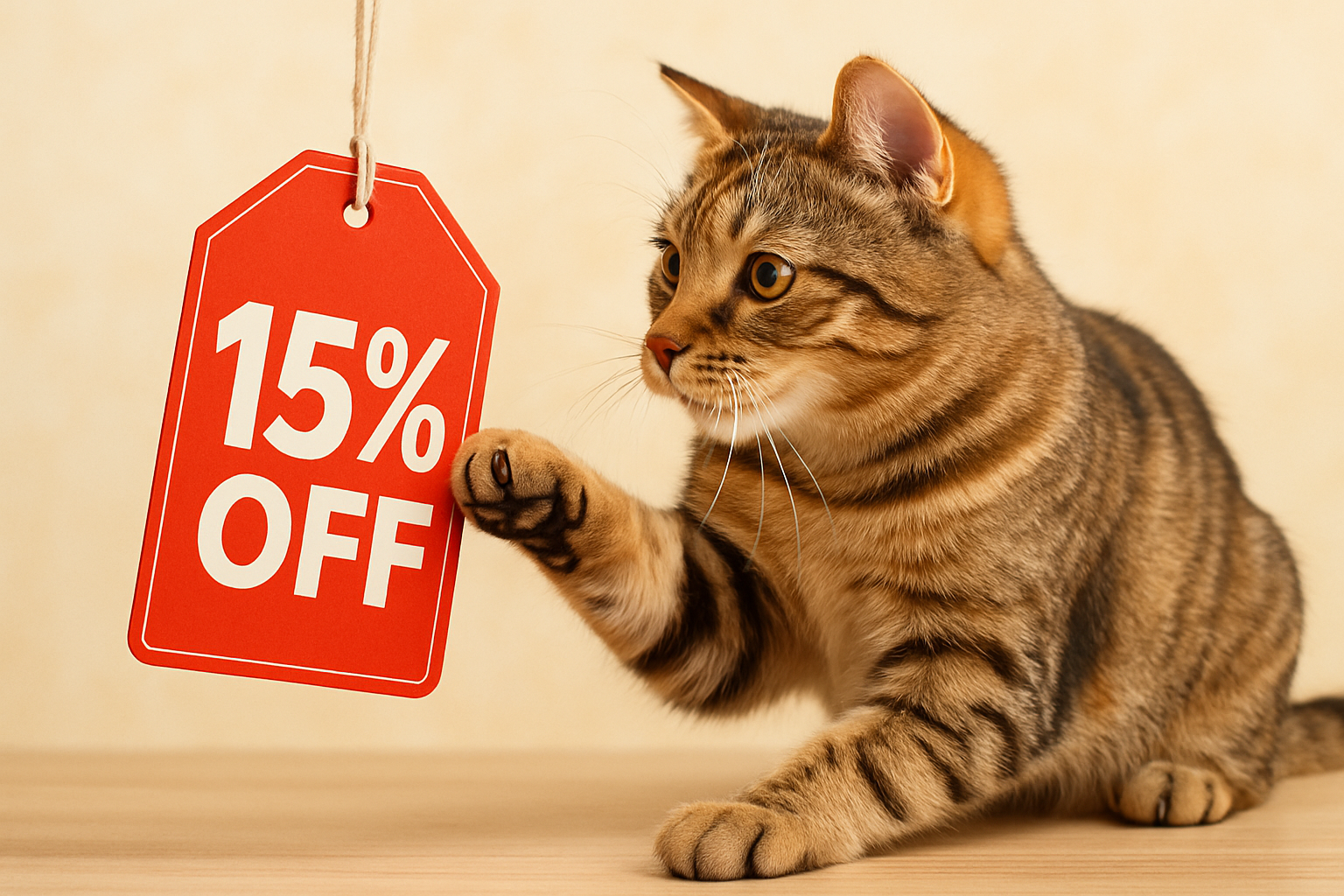 gato jugando con una etiqueta de 15% de descuento