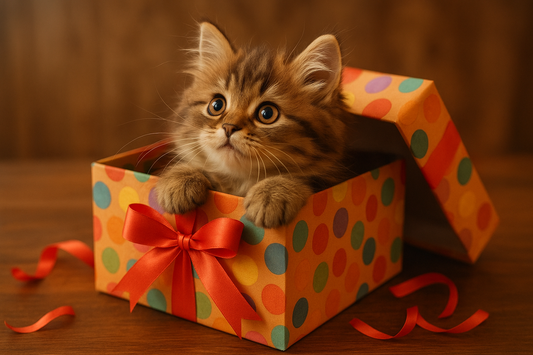 caja de regalo con un gato saliendo de ella